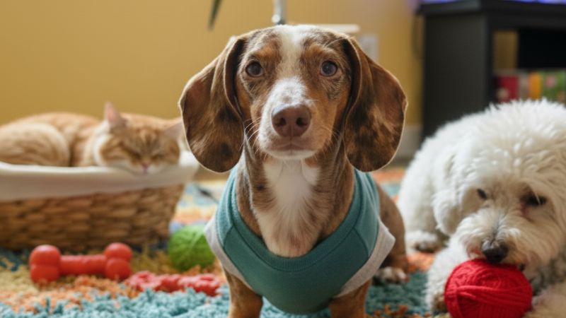 Two dogs and a cat on a colorful rug with toys around